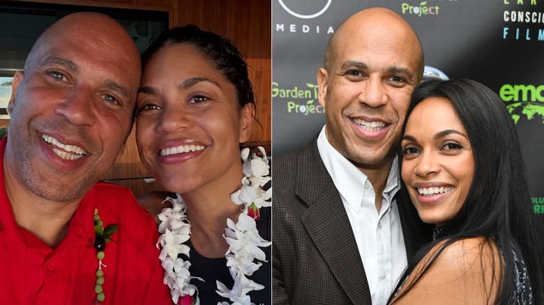 Side-by-side photos of Cory Booker with Alexis Lewis and Rosario Dawson