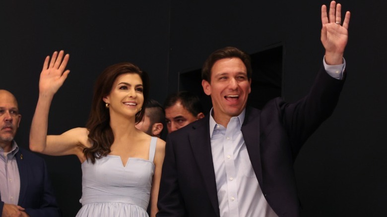 Casey DeSantis and Ron DeSantis arrive at a campaign event in Clive, iA (2023)