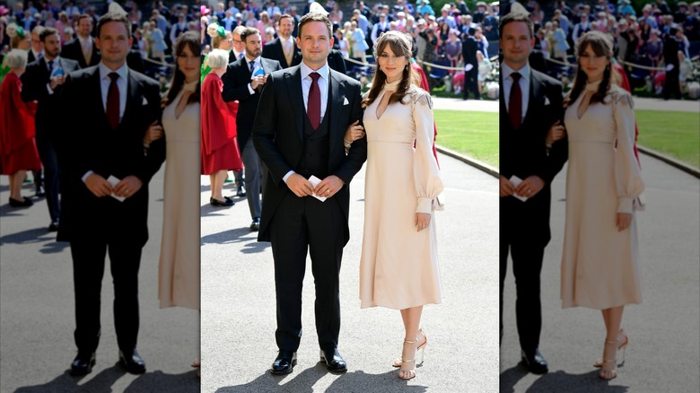 Patrick J. Adams and Troian Bellisario outdoors at Prince Harry and Meghan Markle's wedding