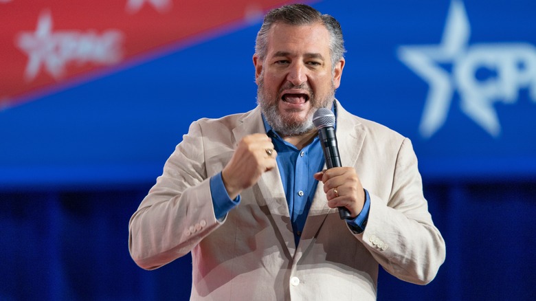 Ted Cruz enthusiastically giving a speech onstage at CPAC