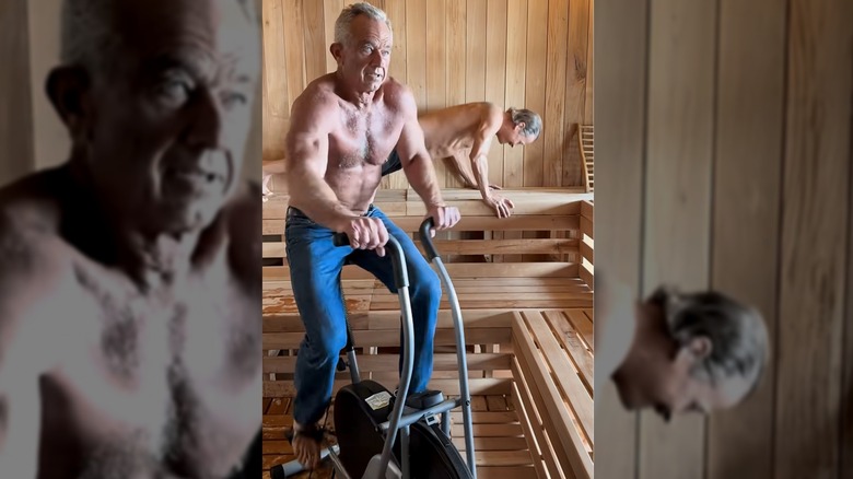 RFK Jr. and Kid Rock working out in the sauna in their "Work Out Rock Out" video.