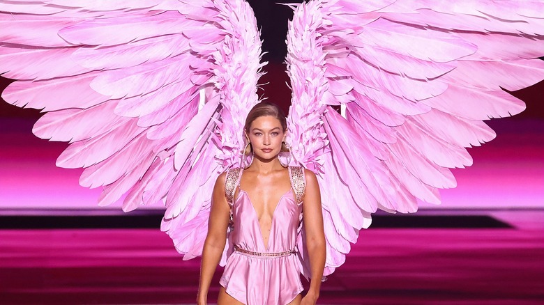 Gigi Hadid in pink lingerie and wings on the Victoria's Secret 2024 runway