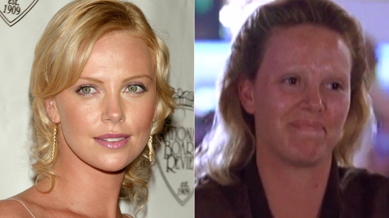 Charlize Theron poses for a photo during National Board of Review of Motion Pictures 2003 Annual Awards Gala at Tavern on the Green in New York City, New York (2003); Charlize Theron plays  Aileen Wuornos in 'Monster' (2003)