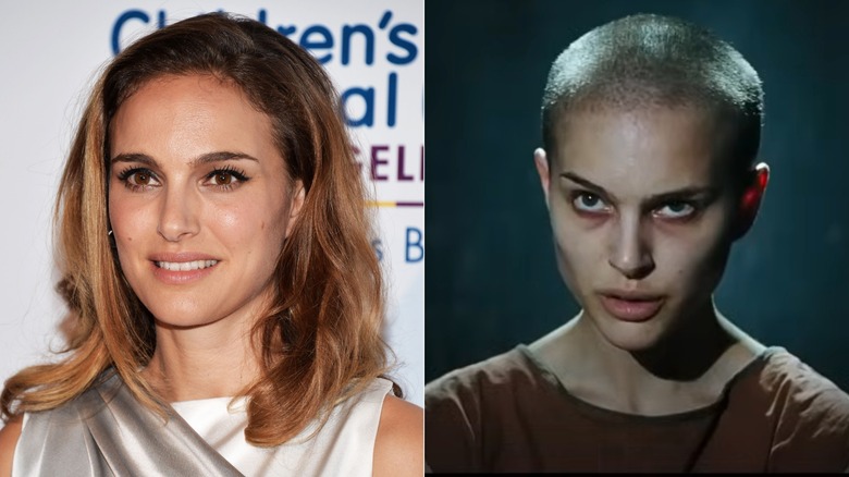 Natalie Portman arrives at the Children's Hospital Los Angeles Gala Noche de Ninos at the L.A. Live Event Deck on October 11, 2014 in Los Angeles, California (2014); Natalie Portman plays Evey in 'V for Vendetta' (2005