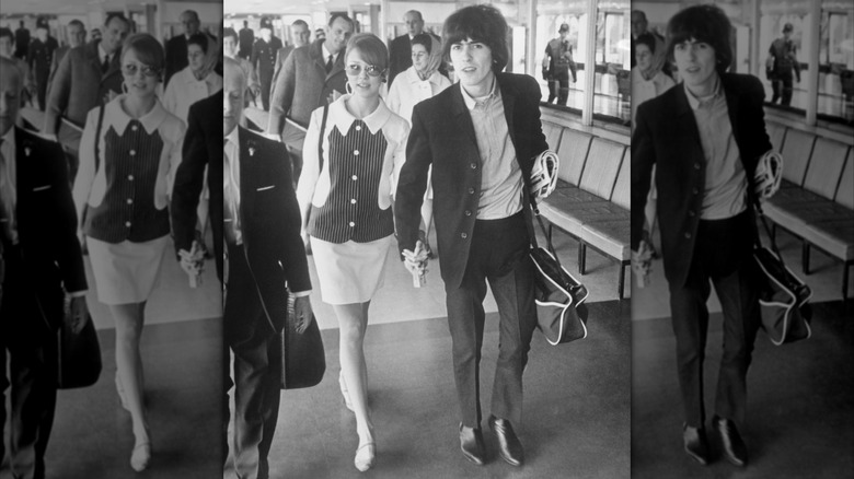 Pattie Boyd and George Harrison walking