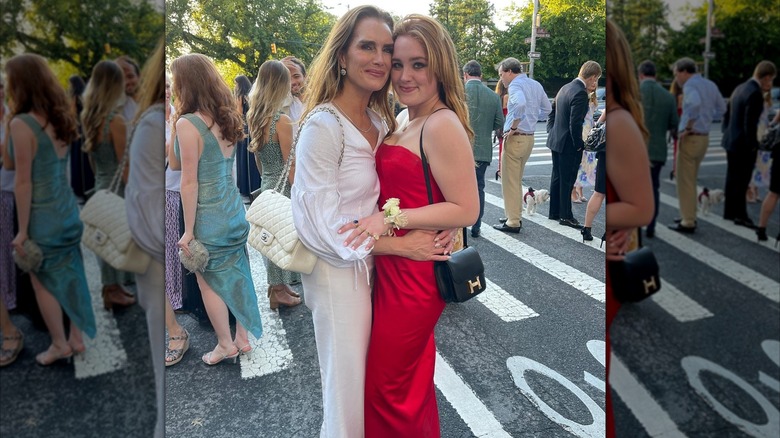 Brooke Shields and Rowan on her prom showing off the red dress