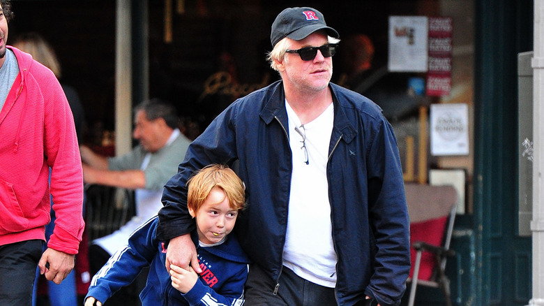 Philip Seymour Hoffman and son Cooper Hoffman walking