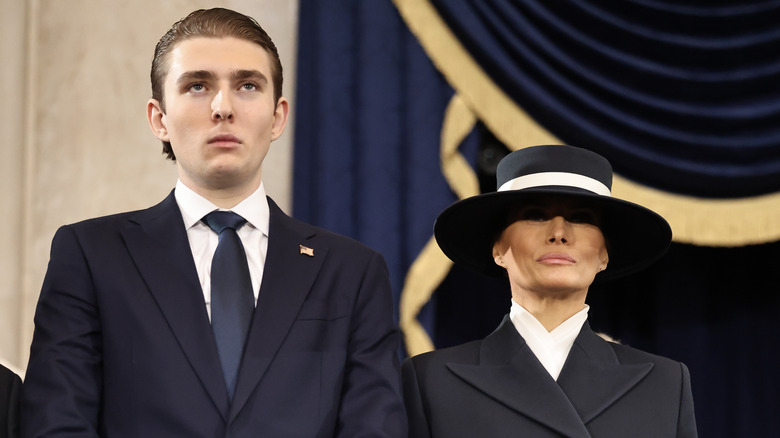 Barron and Melania Trump standing at inauguration