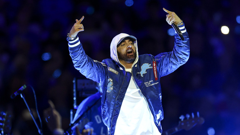Eminem performing at the Detroit Lions Thanksgiving Halftime Show in 2025.