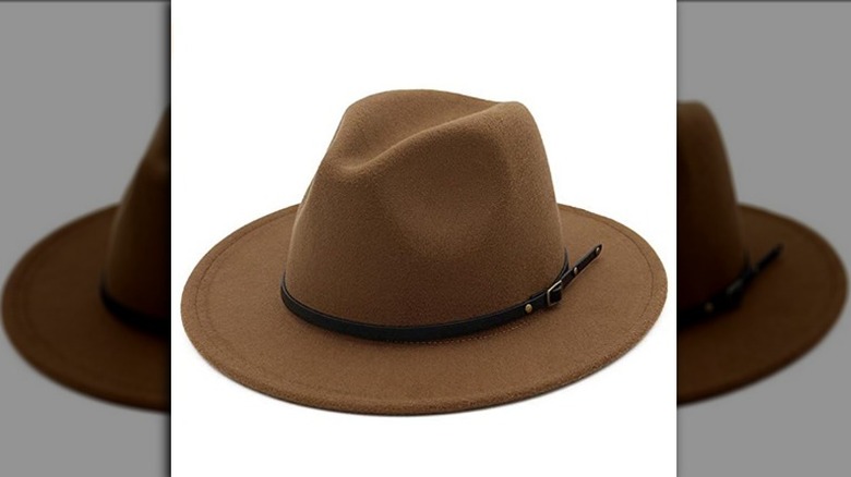 Brown fedora hat with black buckle belt