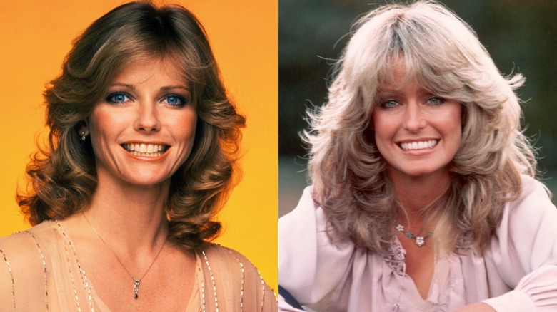split screen of Cheryl Tiegs and Farrah Fawcett smiling