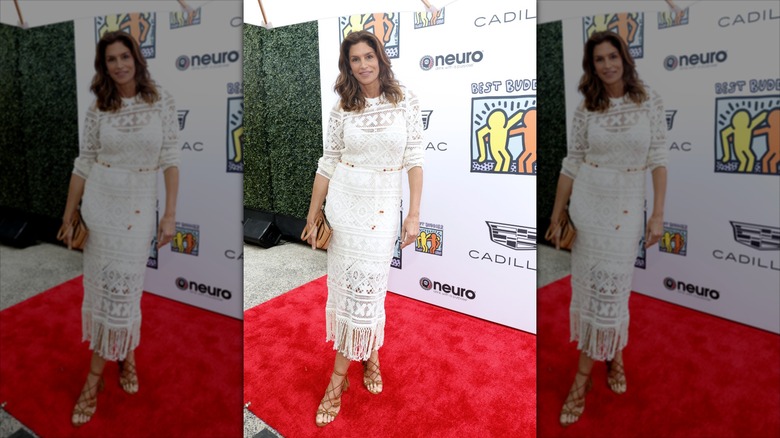 Cindy Crawford in a boho, crochet dress with a beaded skirt, brown bag, and brown strapped heels at a Best Buddies red carpet