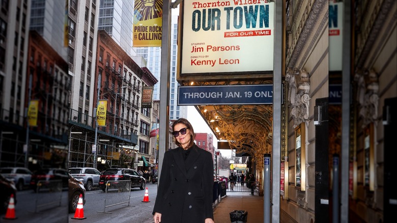 Katie Holmes posing by Our Town sign on Broadway