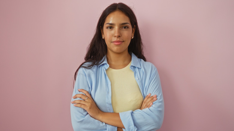 A woman wearing a casual jacket
