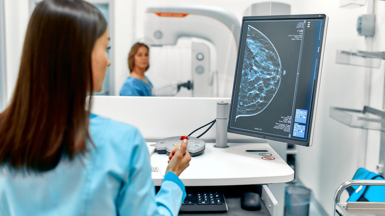 Woman getting mammogram