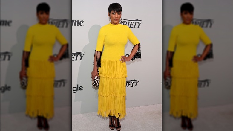 Tamron Hall in yellow fringe dress