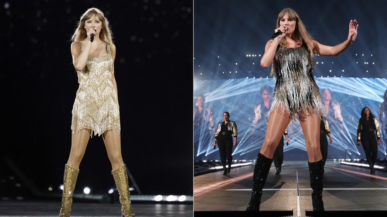 Split image of Taylor Swift wearing beaded minidresses during Eras Tour performances.