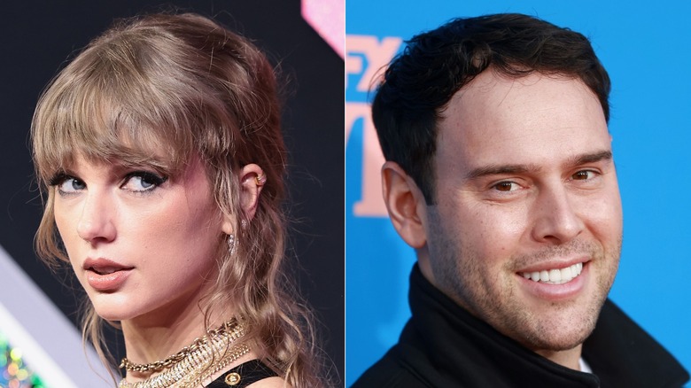 Taylor Swift in 2023 and Scooter Braun in 2021