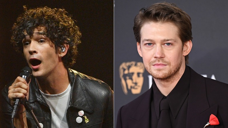 Matty Healy on stage at Glastonbury 2025 and Joe Alwyn at the BAFTAs in 2025