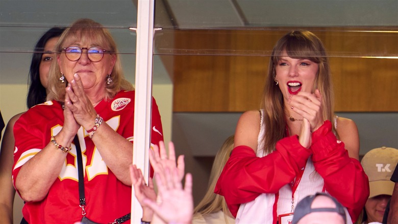 Donna Kelce and Taylor Swift cheer in spectator's suite