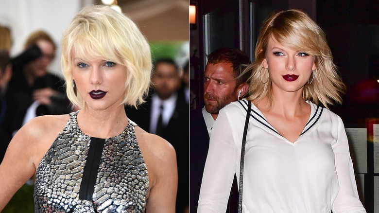 side-by-side pictures of Taylor Swift with darker lipstick