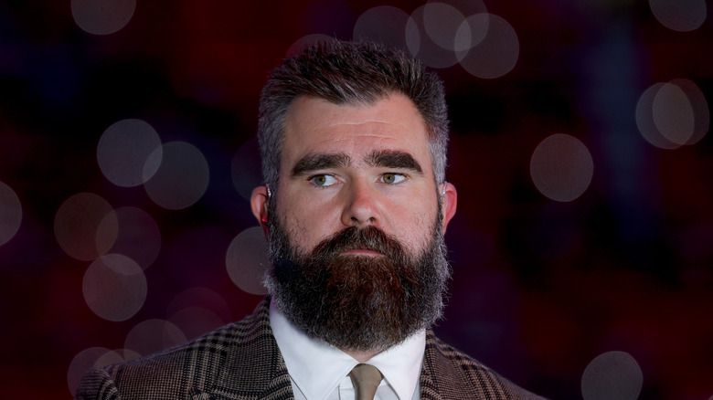 Jason Kelce photographed staring off to the side at Mercedes-Benz Stadium in Atlanta