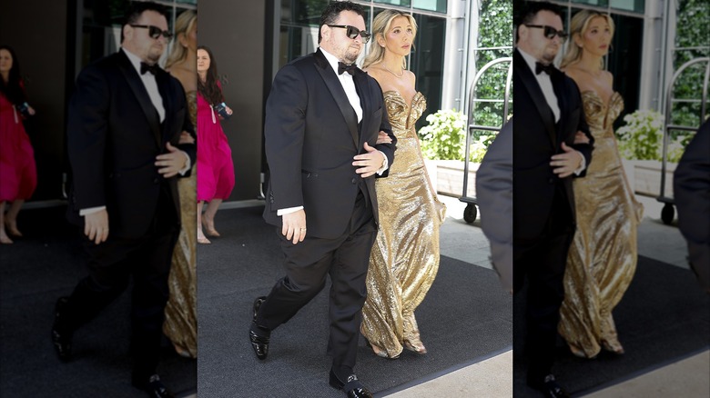 Dr. Mariel Bird in gold dress heading to Taylor Swift wedding