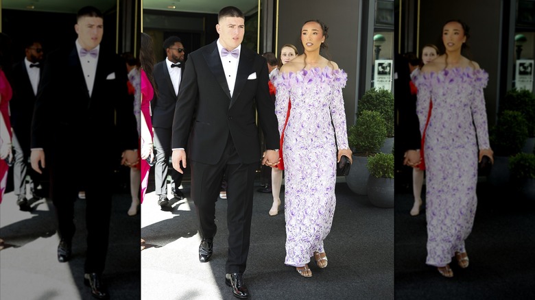 Kaia Harris purple floral dress with George Karlaftis