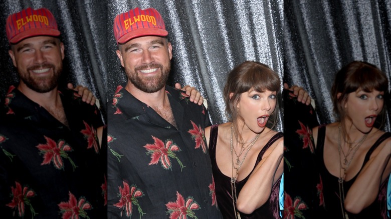 Travis Kelce and Taylor Swift smiling and posing.