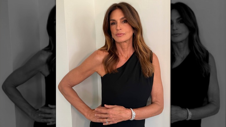 Cindy Crawford with her hand on her hip in a little black dress