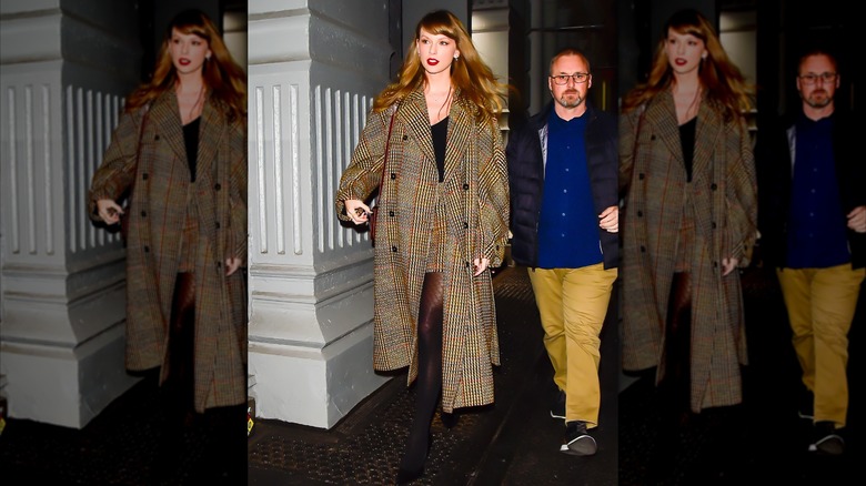 Taylor Swift in a brown coat and matching skirt outside