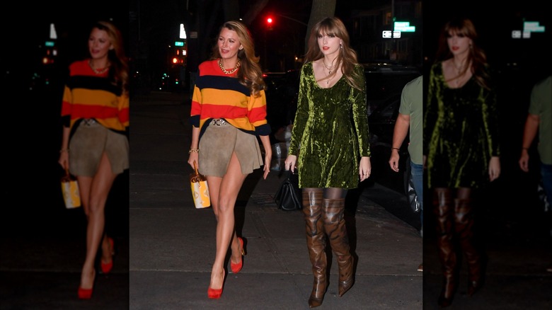 Blake Lively in orange tones and Taylor Swift in a green dress with brown boots outside