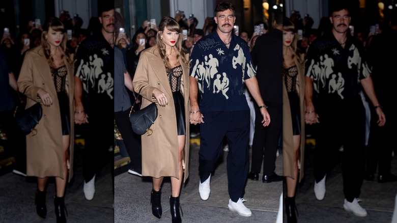 Taylor Swift and Travis Kelce walk together on a date night