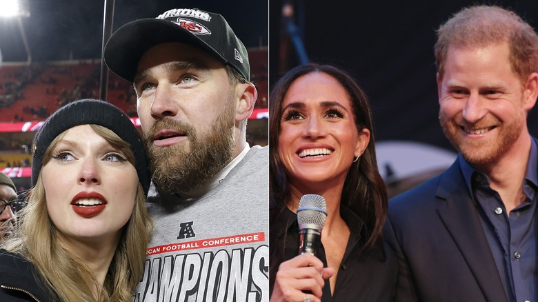 Side-by-side photos of Taylor Swift with Travis Kelce and Meghan Markle with Prince Harry