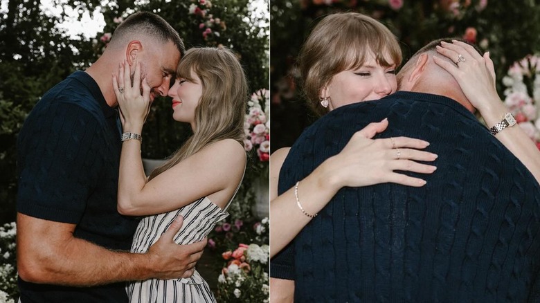 Taylor Swift holding Travis Kelce's face next to an image of the pair embracing.