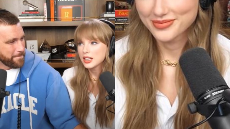 Taylor Swift talking with a headset on, next to Travis Kelce. Close up on Taylor's necklace.