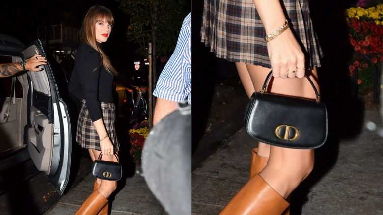 Taylor Swift walking on the sidewalk, surrounded by men, smiling over her shoulder. Close up on her jewlery and bag.