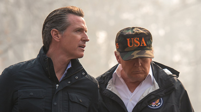 Gavin Newsom and Donald Trump touring an RV park in California