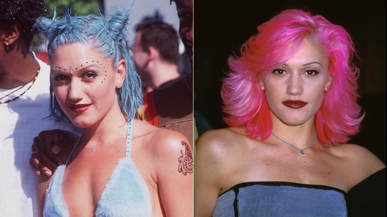 Side-by-side photos of Gwen Stefani with blue and purple hair