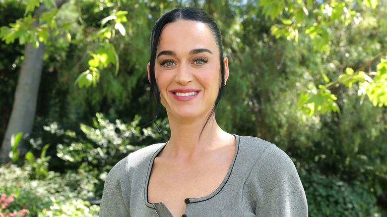 Katy Perry wearing gray in a garden