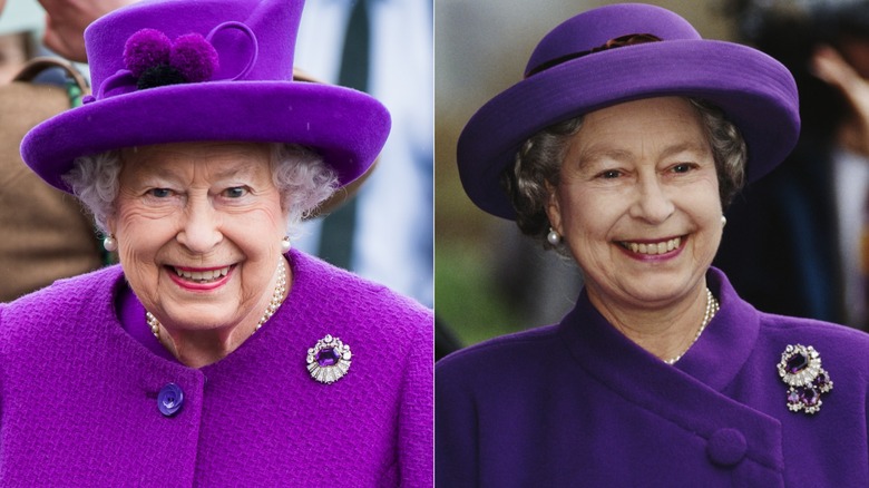 Queen Elizabeth II smiling in split screen and wearing the Kent Amethyst brooch two different ways