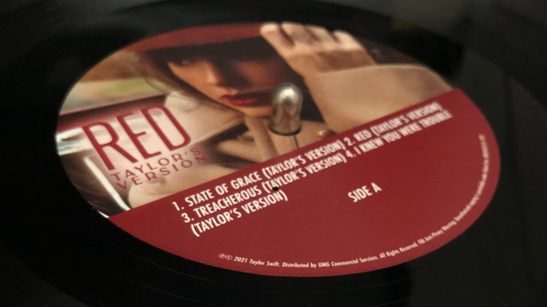 Close-up of a vinyl copy of Taylor Swift's 'Red (Taylor's Version)'