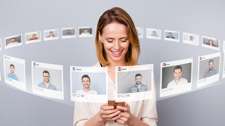 Woman looking at dating app