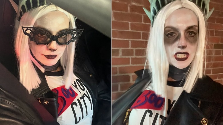 Split image of Anne Hathaway wearing her "Boo York City" Halloween costume with and without black bat glasses