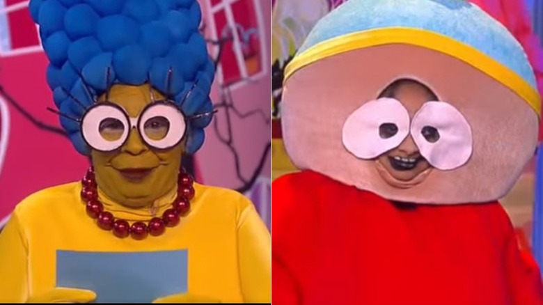 Split image of Whoopi Goldberg dressed as Marge Simpson and  Raven-Symoné in an Eric Cartman costume