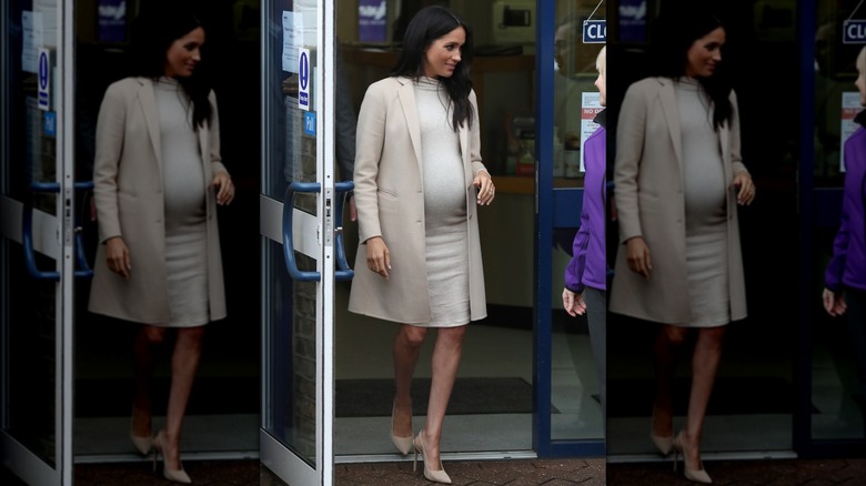 Meghan Markle wearing beige heels outside while pregnant