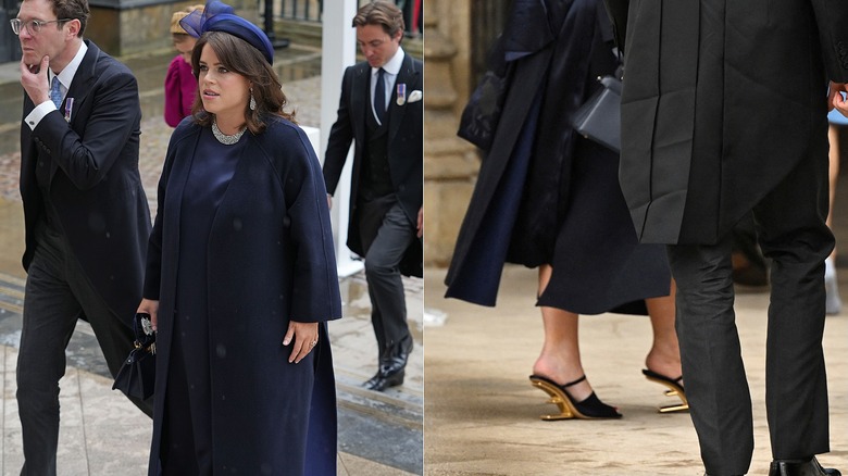 (L) Princess Eugenie attending the Coronation of King Charles III in 2023; (R) Close up of Princess Eugenie's navy and gold shoes at the 2023 Coronation of King Charles III