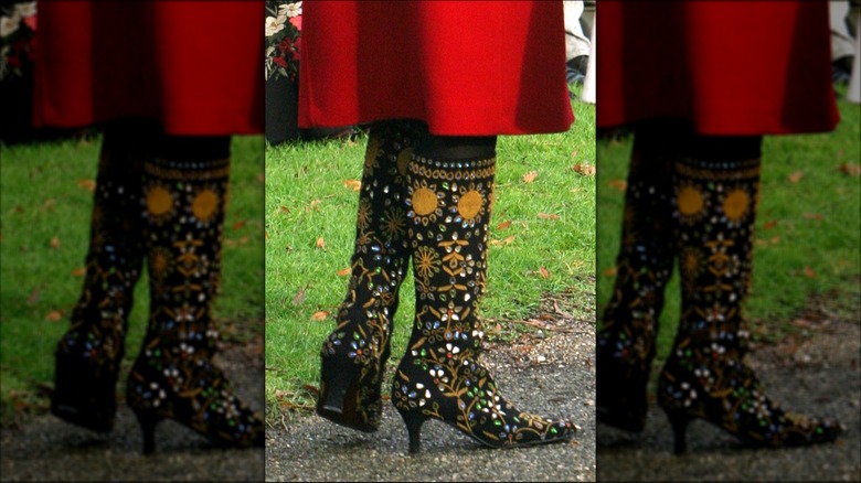 Princess Beatrice wearing sparkly, decorated boots on Christmas