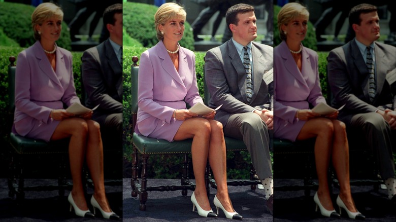 Princess Diana giving a speech for Red Cross in a lavender skirt suit with black and white heels
