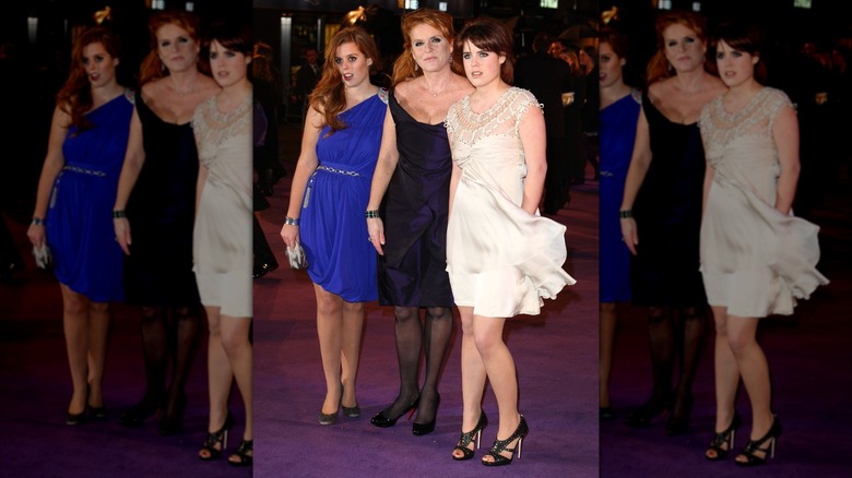 Sarah Ferguson, Princess Eugenie, and Princess Beatrice attending a movie premiere in 2009